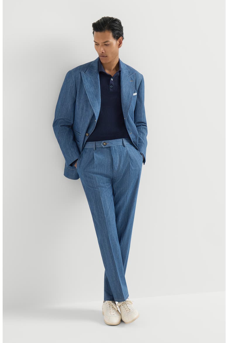 Lightweight denim deconstructed peak-lapel blazer with patch pockets, Alternate, color, Medium Denim