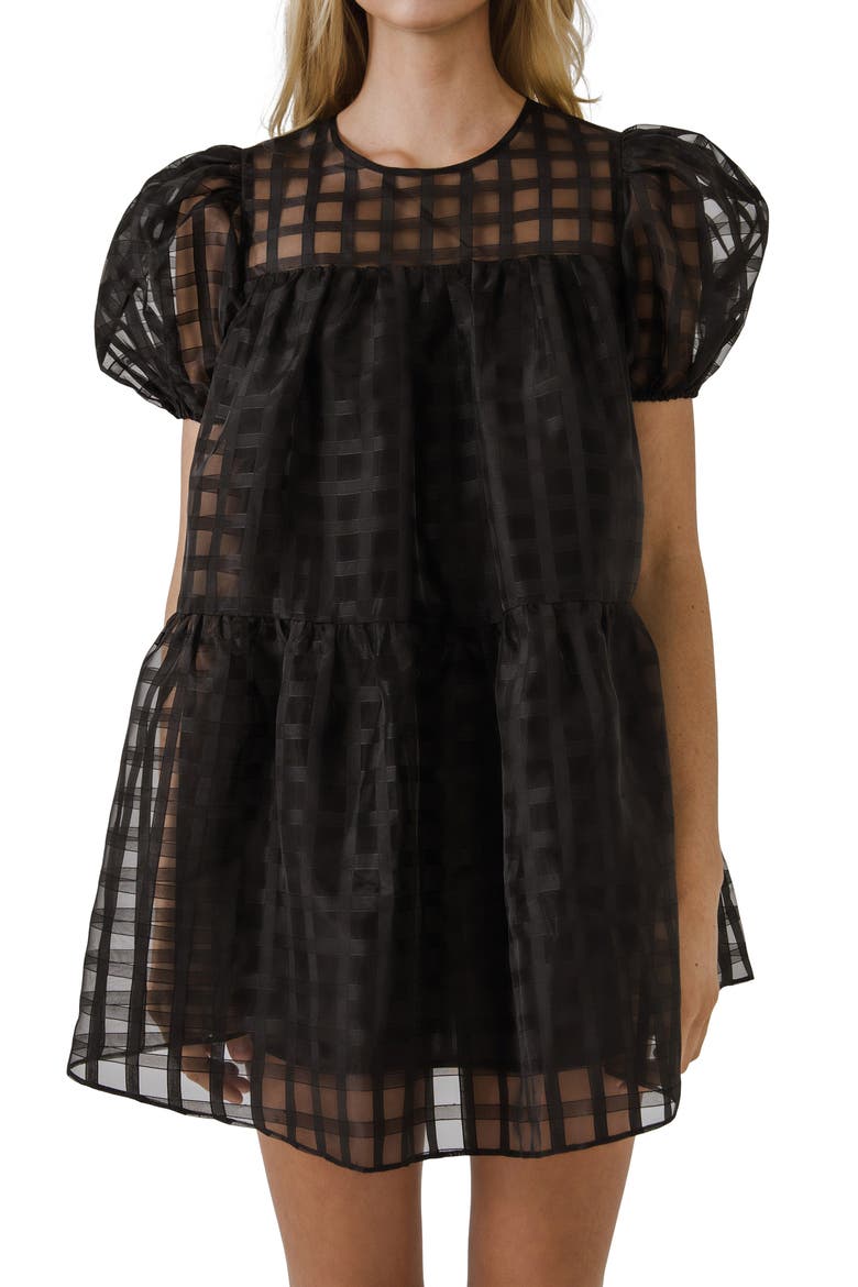 Gridded Puff Sleeve Dress, Alternate, color, BLACK