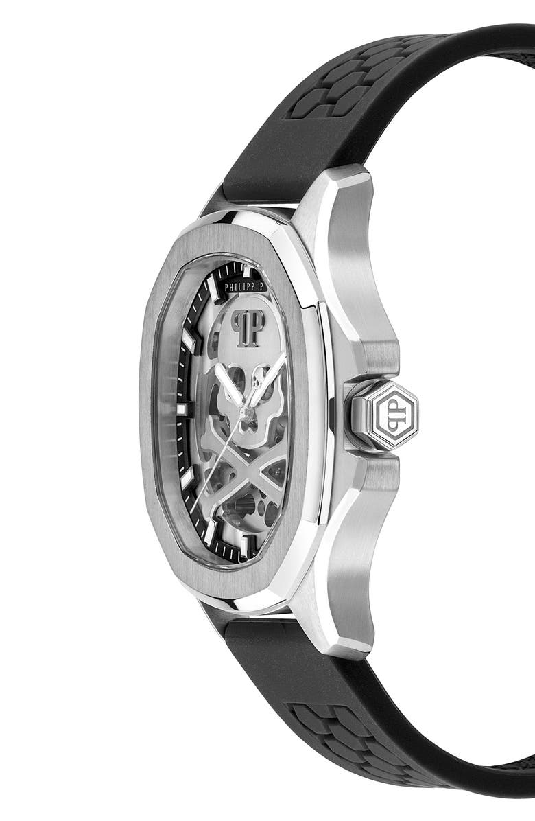 PHILIPP PLEIN Skeleton Spectre Silicone Strap Watch, 42mm, Alternate, color, Stainless Steel