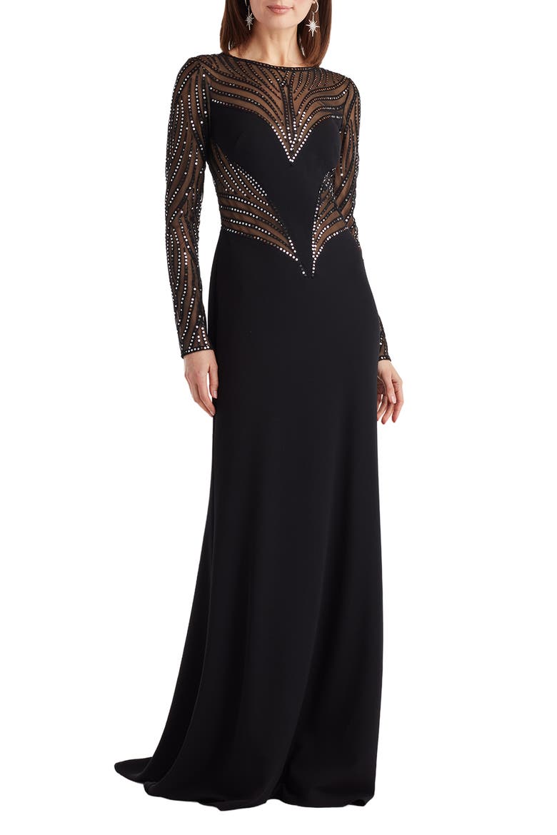 Sequin Mesh Long Sleeve Gown, Main, color, BLACK/ SILVER