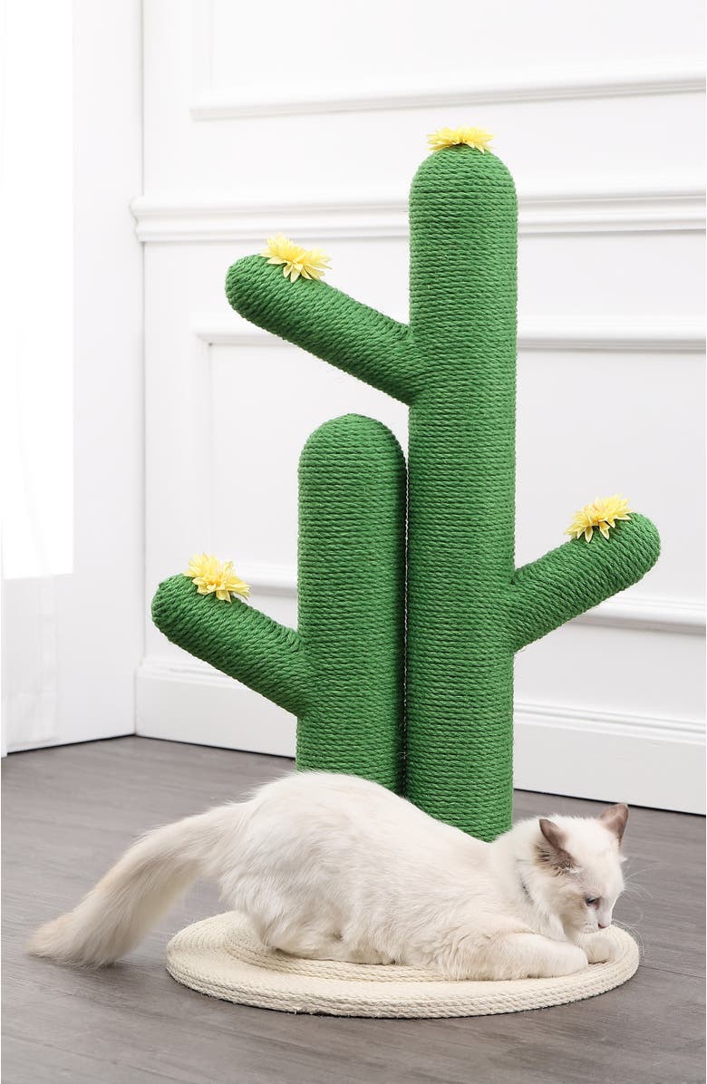 The Licker Store Socorro 34.25" Modern Jute Double-Cactus Cat Scratching Post with Flower Toys, Alternate, color, Green