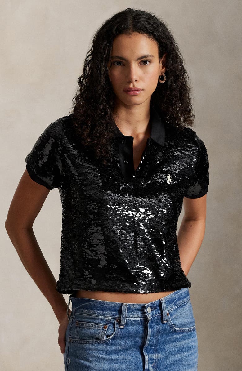 Polo Ralph Lauren Sequin Crop Polo, Alternate, color, Polo Black
