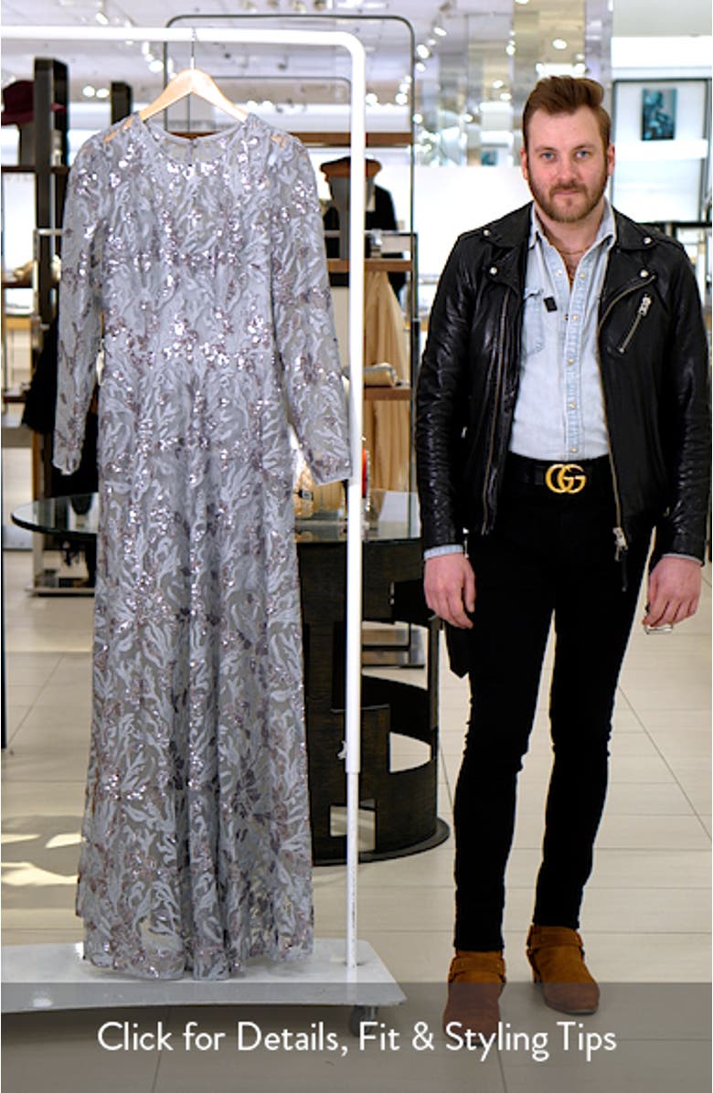 Ava Sequin Floral Long Sleeve A-Line Gown, sales video thumbnail