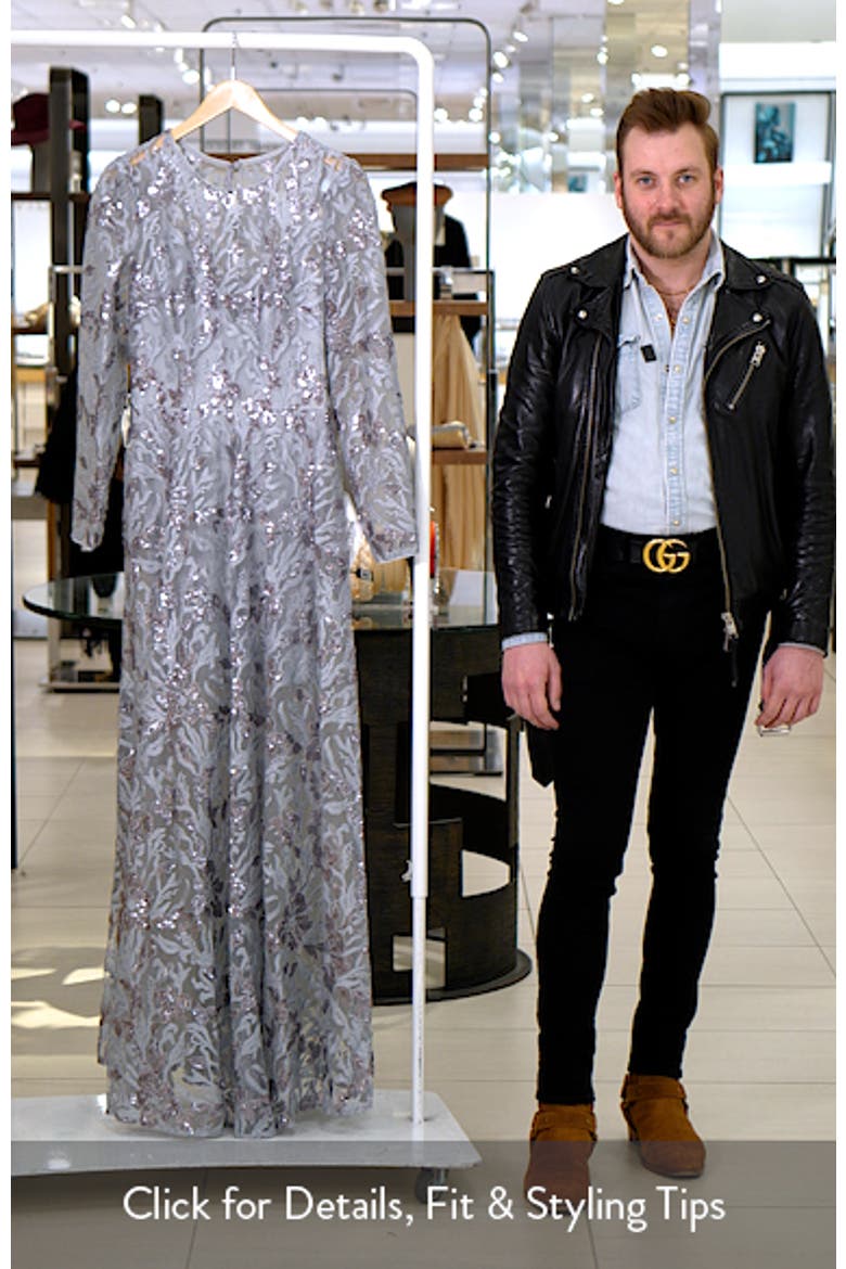 Ava Sequin Floral Long Sleeve A-Line Gown video