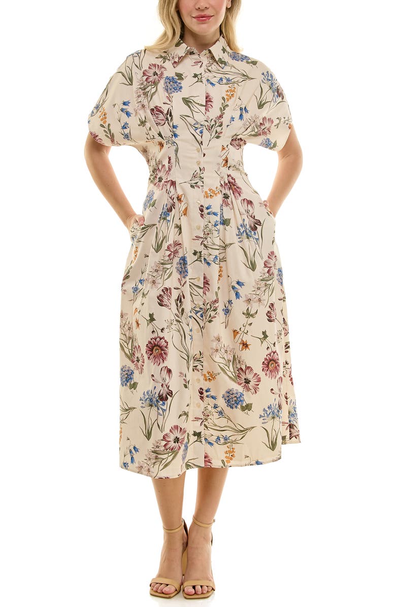 Nicole Miller Printed Stretch Cotton Shirtdress, Alternate, color, Cream Botanics