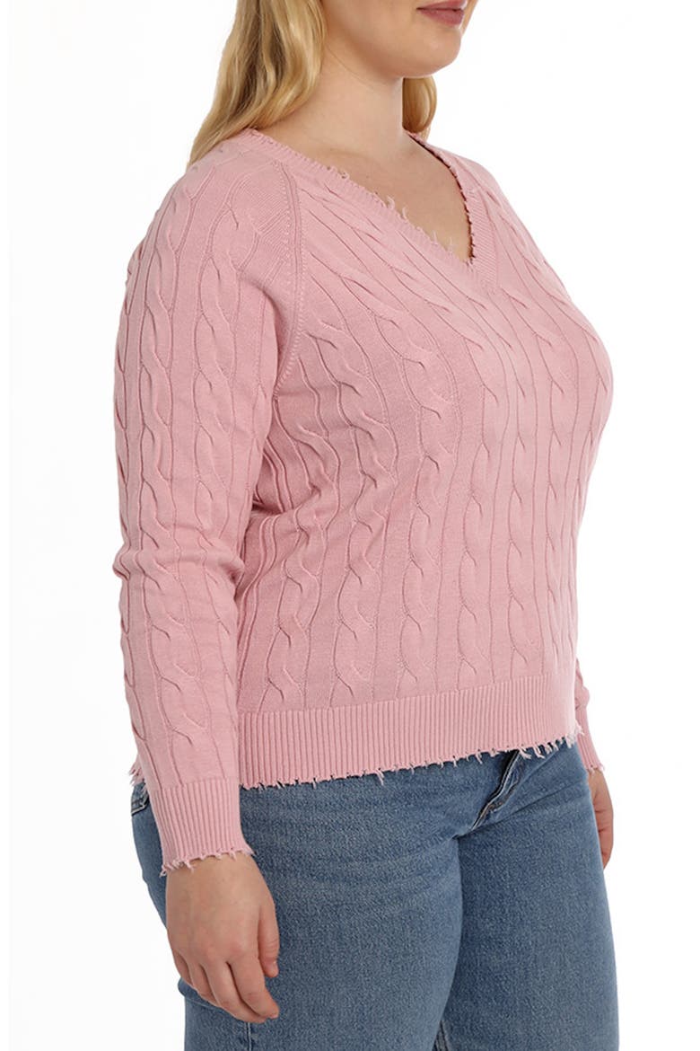 Frayed V-Neck Cable Knit Cotton Sweater, Alternate, color, PINK PEARL