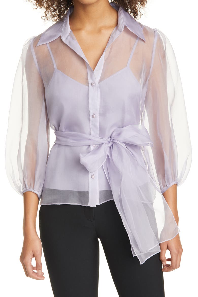 Marion Tie Waist Organza Silk Blouse, Main, color, LILAC SMOKE