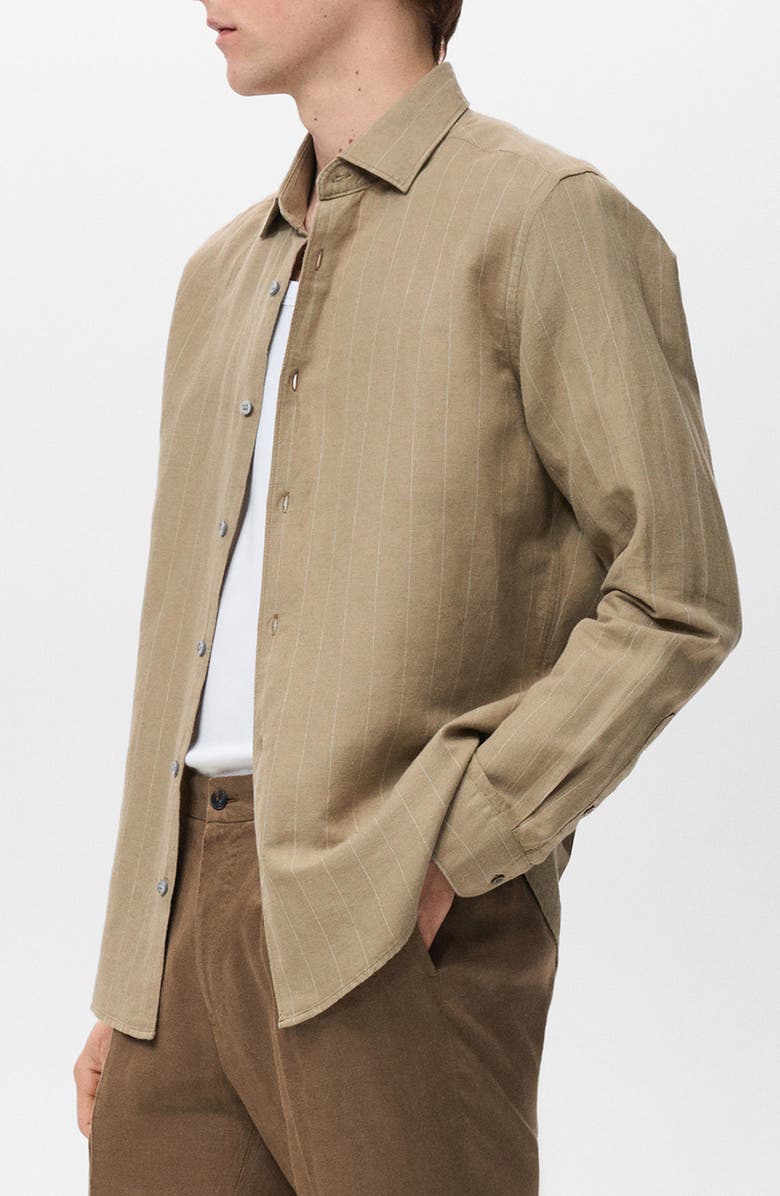 MANGO Pinstripe Linen & Cotton Button-Up Shirt, Alternate, color, Khaki
