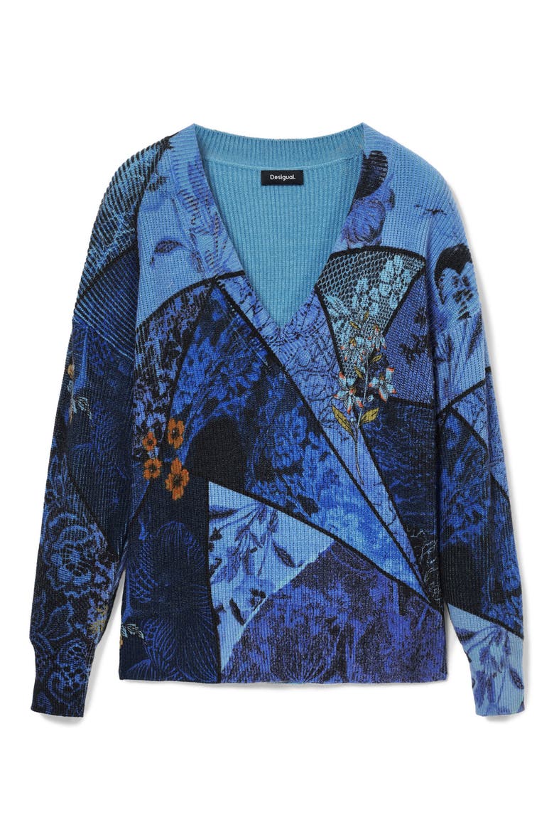 Ocean Floral Print V-Neck Sweater, Alternate, color, BLUE