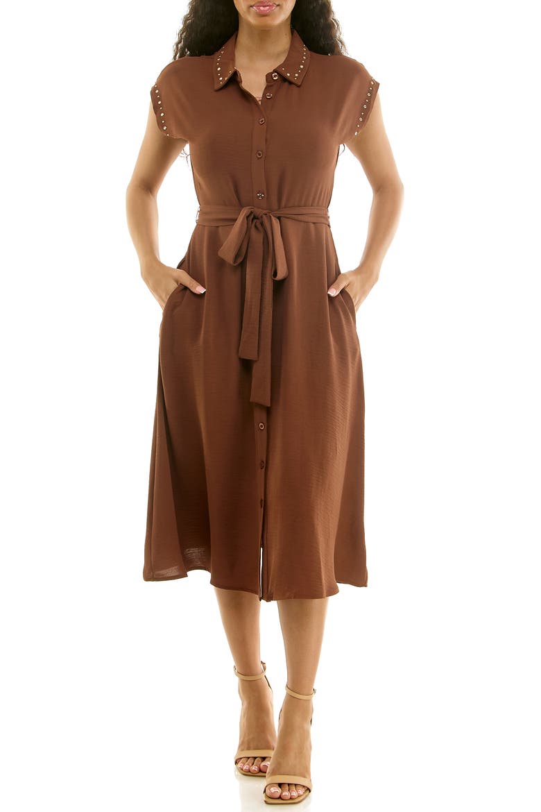 Studded Cap Sleeve Midi Shirtdress, Main, color, CAPPUCCINO