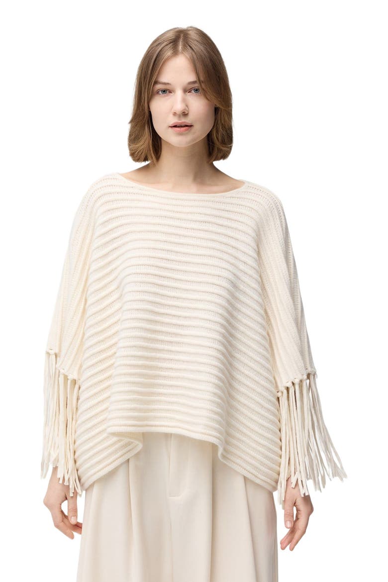 Fringed Sleeve Cashmere Poncho, Alternate, color, white