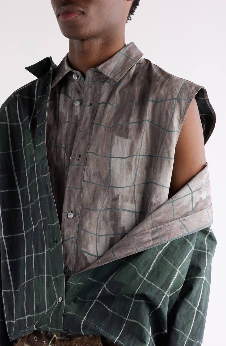 Acne Studios Sayer Painted Check Papery Cotton Poplin Layered Button-Up Shirt, Alternate, color, Green/ Grey