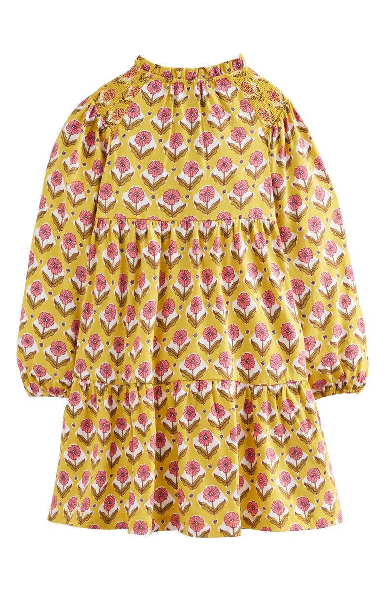 Mini Boden Kids' Floral Long Sleeve Cotton Blend Jersey Tiered Dress, Alternate, color, Sweetcorn Yellow Floral
