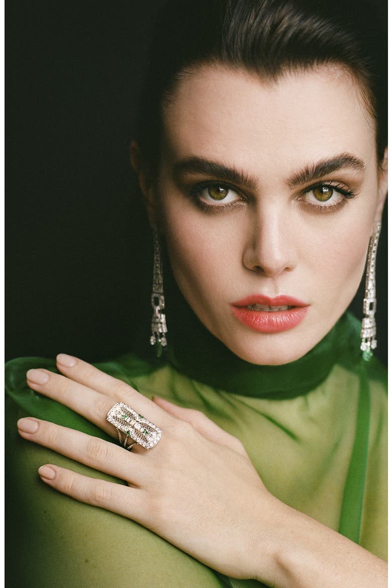 Filigree Diamond & Emerald Dinner Ring, Alternate, color, PLATINUM