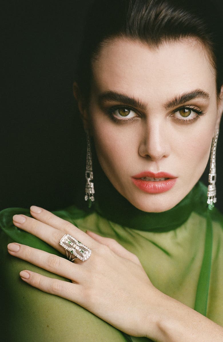 Mindi Mond Filigree Diamond & Emerald Dinner Ring, Alternate, color, Platinum/ Diamond/ Emerald