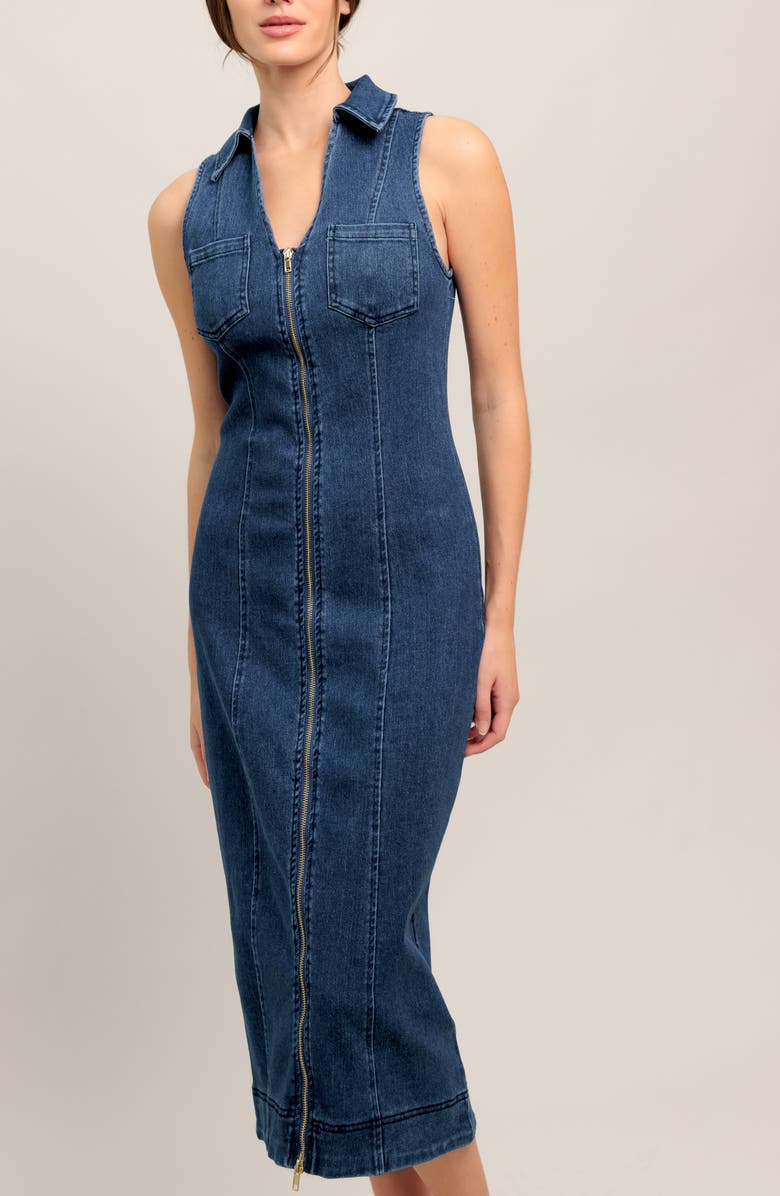 FLYING TOMATO Sleeveless Denim Midi Dress, Alternate, color, Medium Indigo