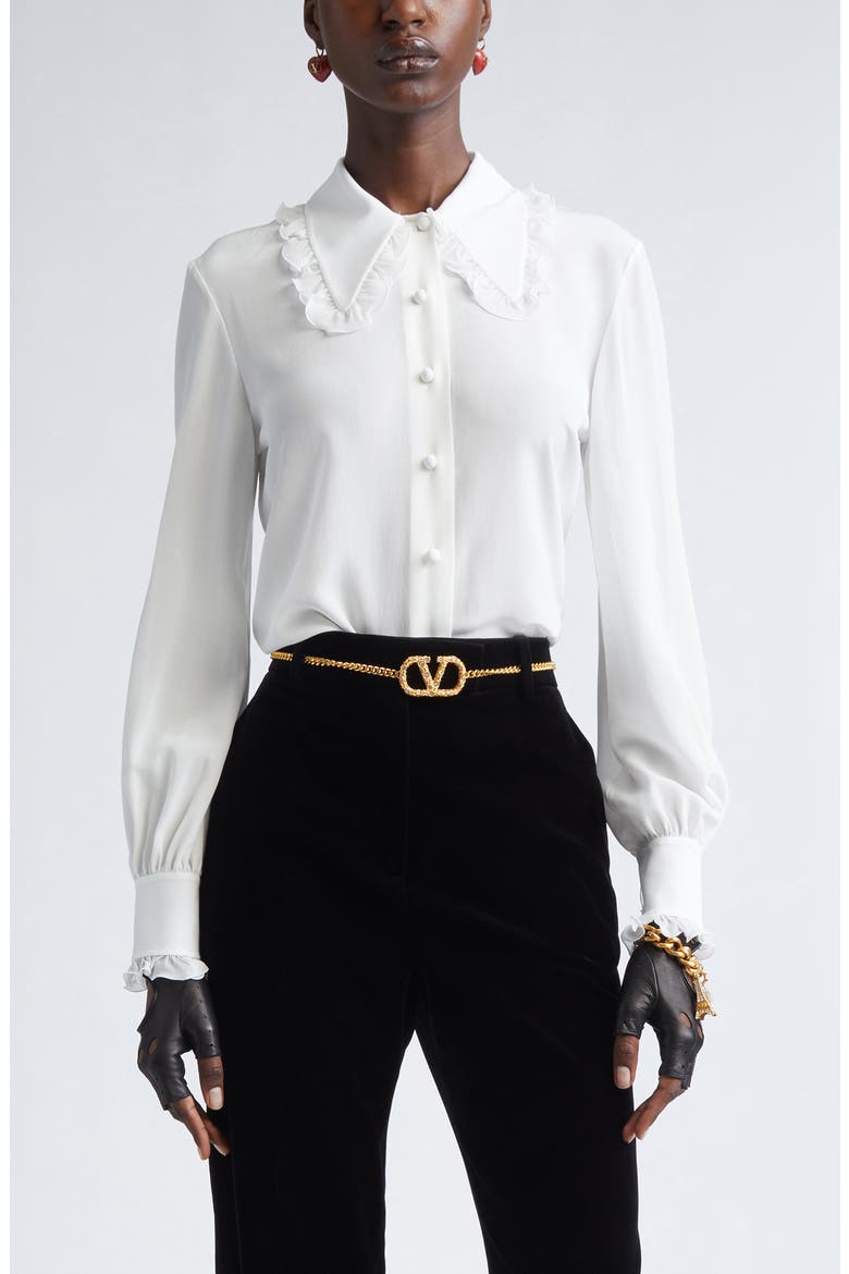 Ruffle Trim Silk Silk Crêpe de Chine Shirt, Main, color, IVORY