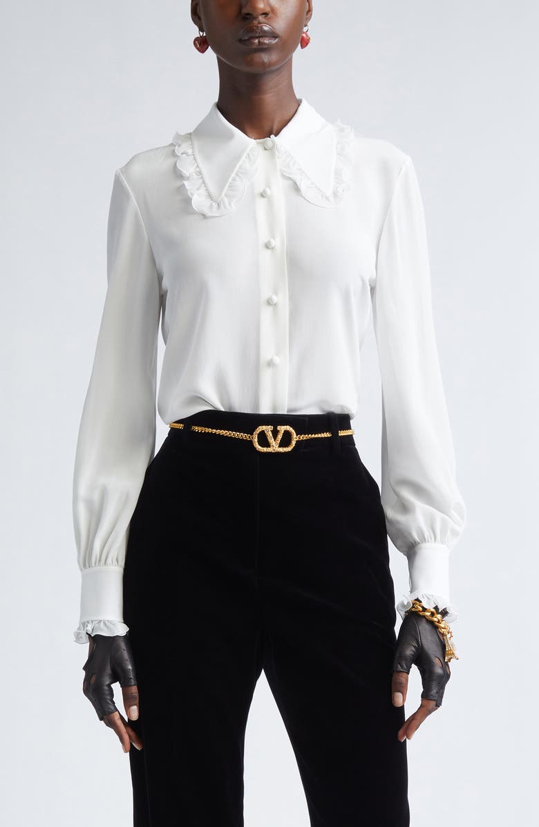 Valentino Ruffle Trim Silk Silk Crêpe de Chine Shirt, Main, color, Ivory