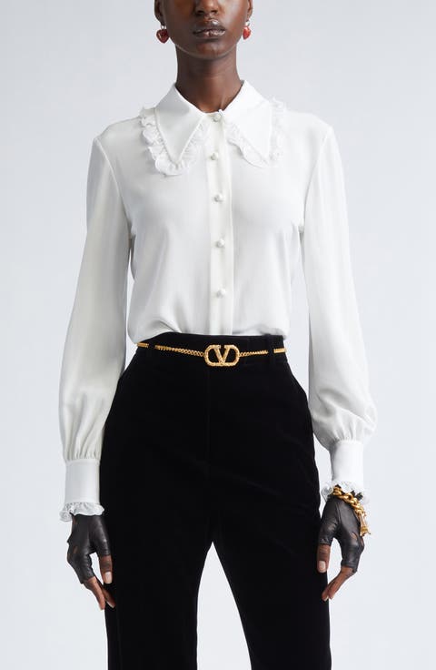 Ruffle Trim Silk Silk Crêpe de Chine Shirt