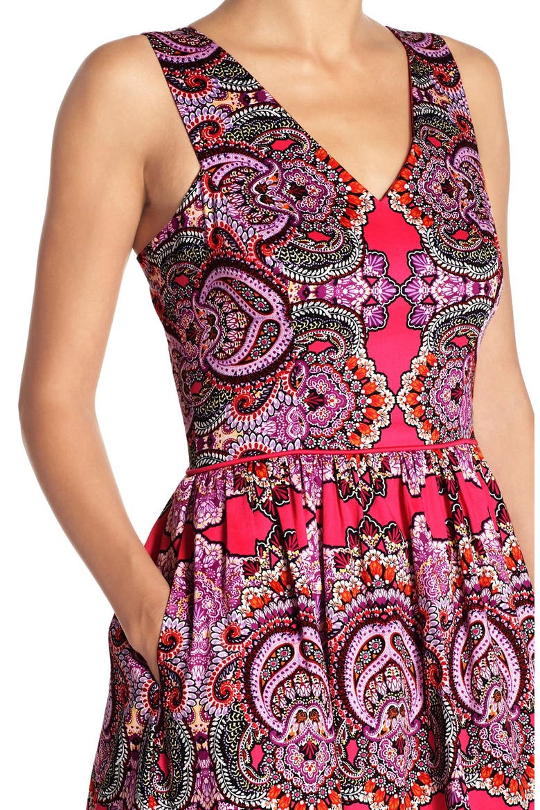 Print Sateen Fit & Flare Dress, Alternate, color, PINK/ LILAC