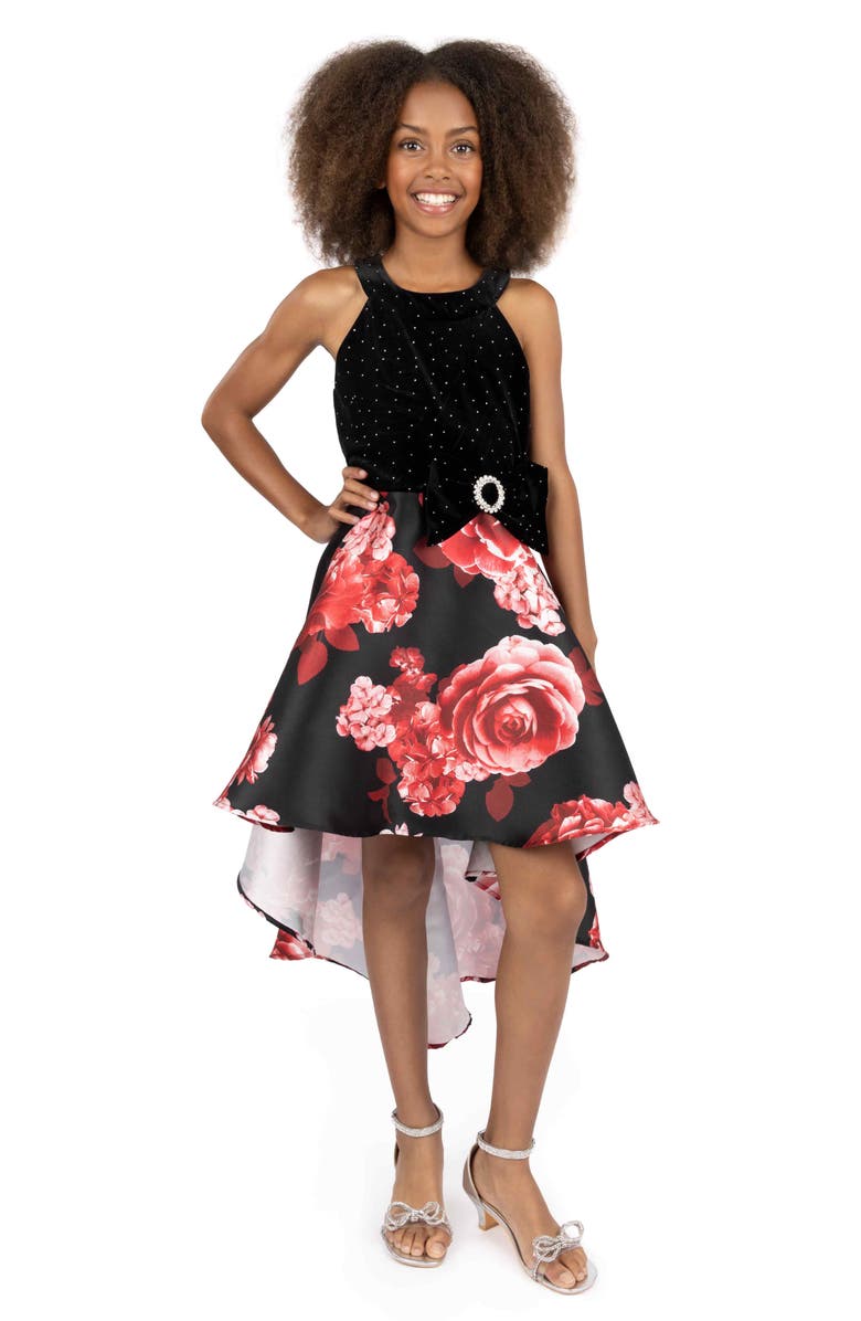 Speechless Kids' Dew Drop High-Low Velvet Party Dress, Alternate, color, Black Red