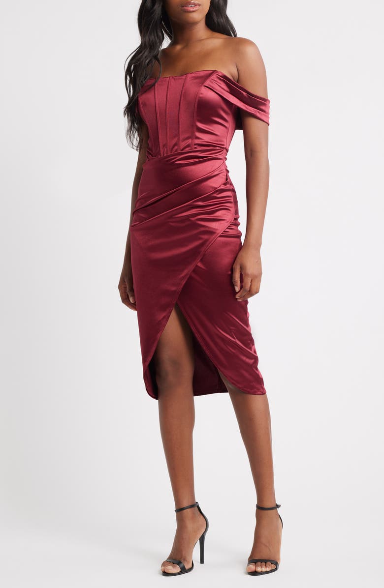 Emerald Sundae Off the Shoulder Satin Midi Dress, Main, color, Wine