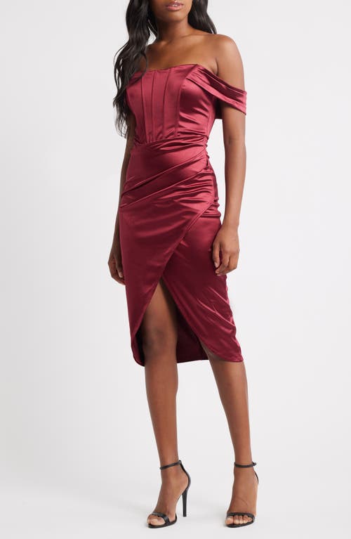 Emerald Sundae Off The Shoulder Satin Midi Dress In Burgundy