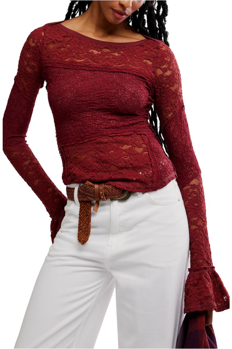 Bell Sleeve Sheer Cotton Blend Lace Top, Main, color, CABRENET