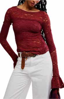 Free People Bell Sleeve Sheer Cotton Blend Lace Top