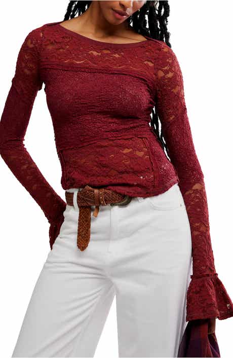 Free People Bell Sleeve Sheer Cotton Blend Lace Top