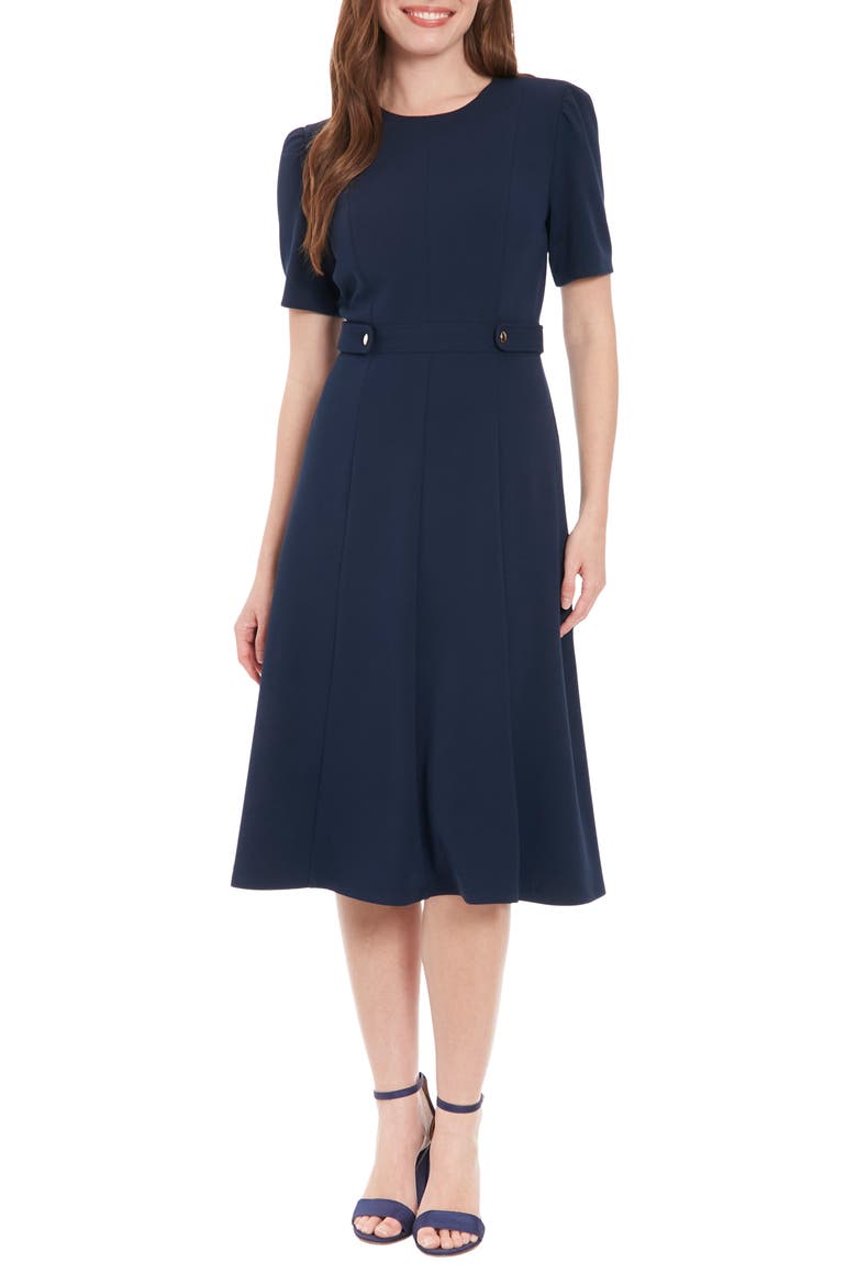 Short Puff Sleeve Fit & Flare Dress, Main, color, NAVY BLAZER