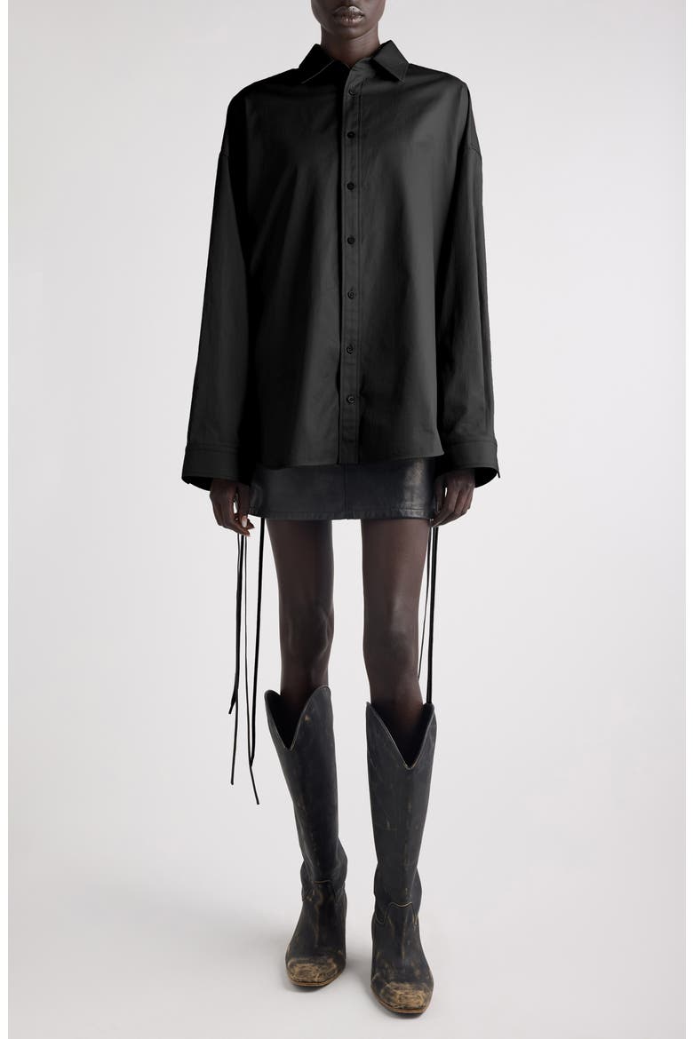 Lace-Up Detail Oversize Cotton Gabardine Button-Up Shirt, Main, color, 1000 BLACK