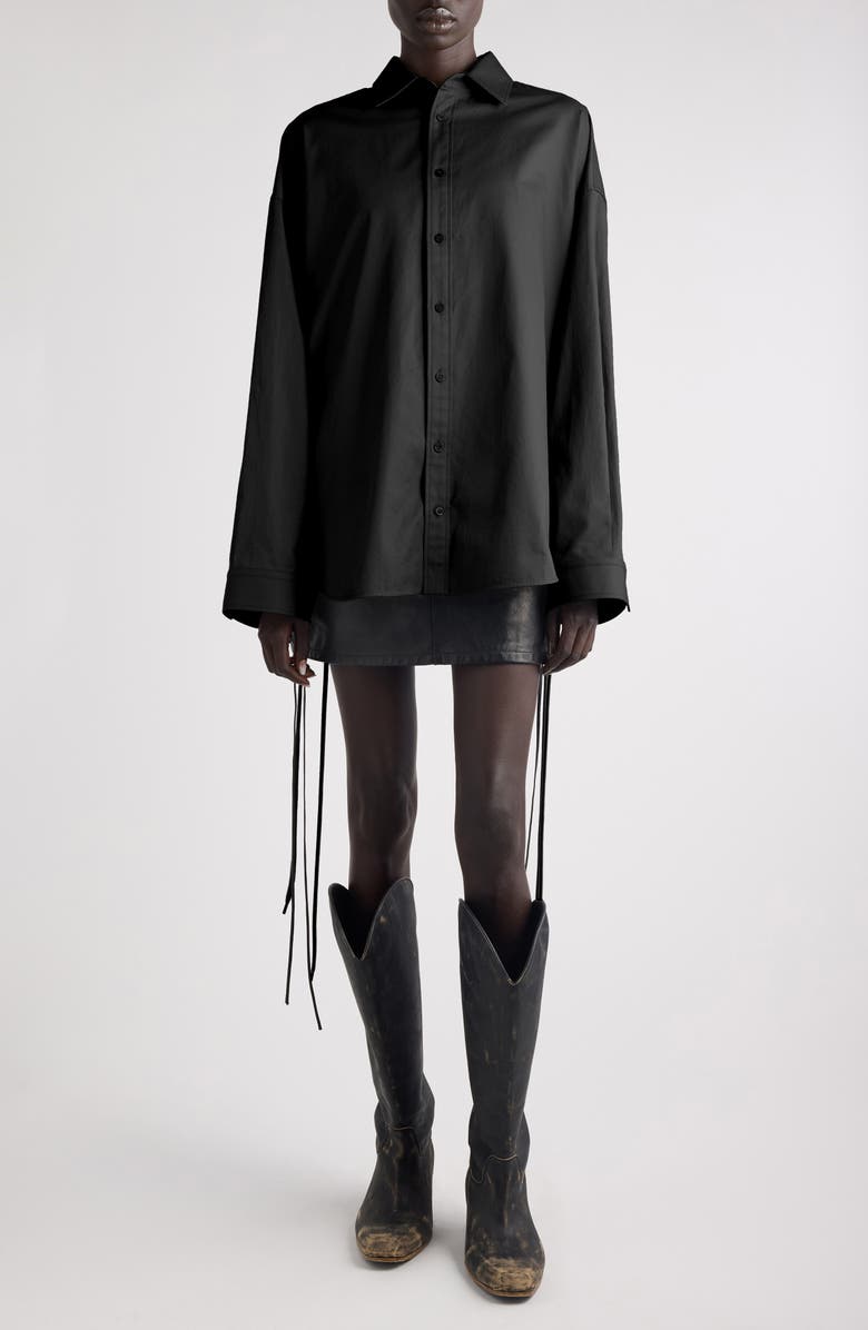Balenciaga Lace-Up Detail Oversize Cotton Gabardine Button-Up Shirt, Main, color, 1000 Black