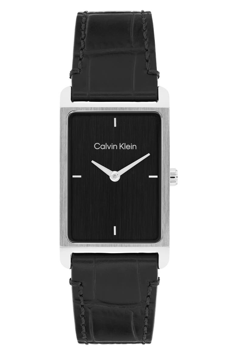 Dapper Rectangular Leather Strap Watch, 24mm, Main, color, BLACK