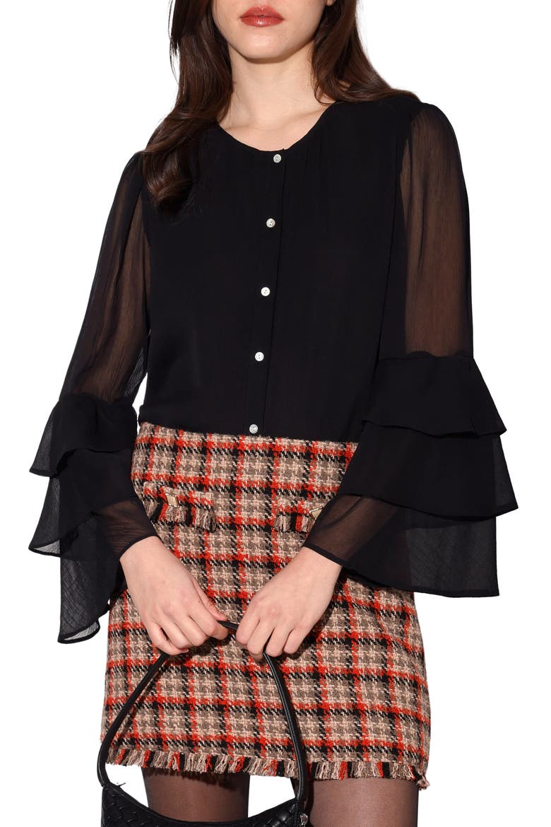 Dua Ruffle Long Sleeve Button-Up Top, Main, color, BLACK