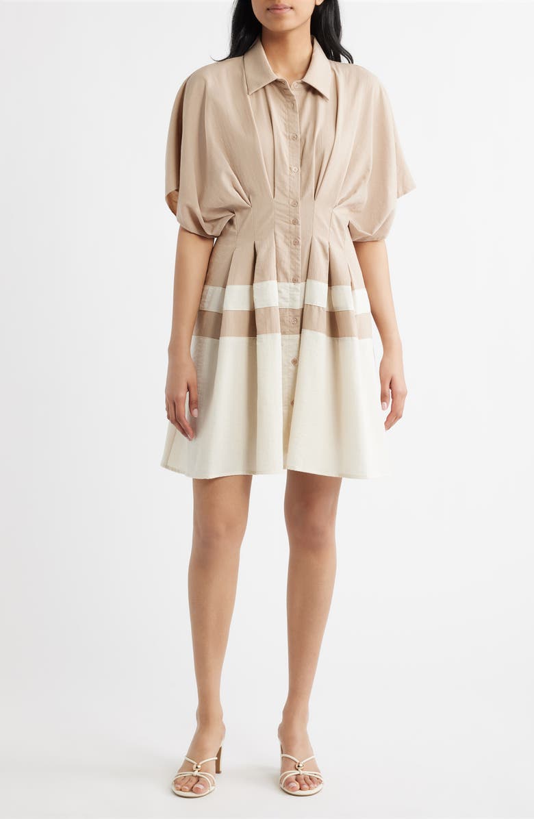 Mila Mae Pleated Shirtdress, Main, color, Taupe Cream