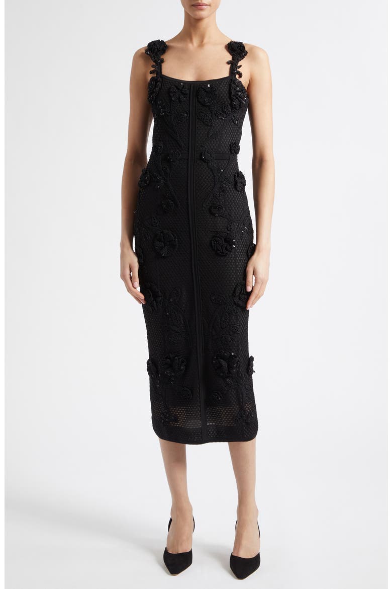 Sequin & Crochet Flower Mesh Gown, Main, color, BLACK