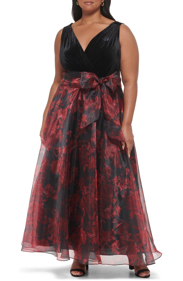 Eliza J Sleeveless Surplice Bodice Gown, Main, color, Black Red