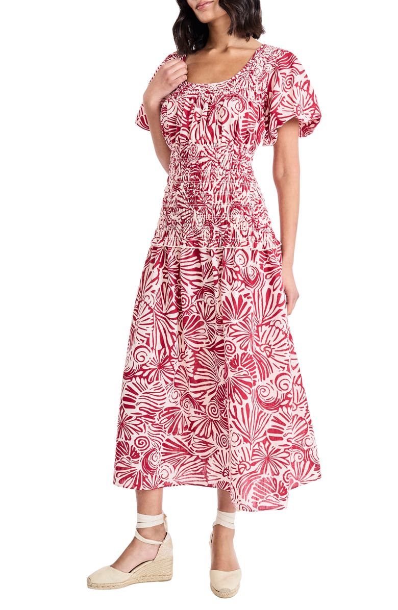 The Good Journey Smocked Waist Puff Sleeve Maxi Dress, Alternate, color, Cream/ Brick