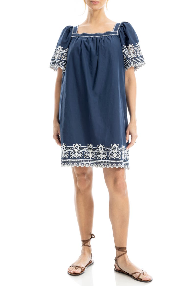 Embroidered Cotton Minidress, Alternate, color, NAVY/ CREAM