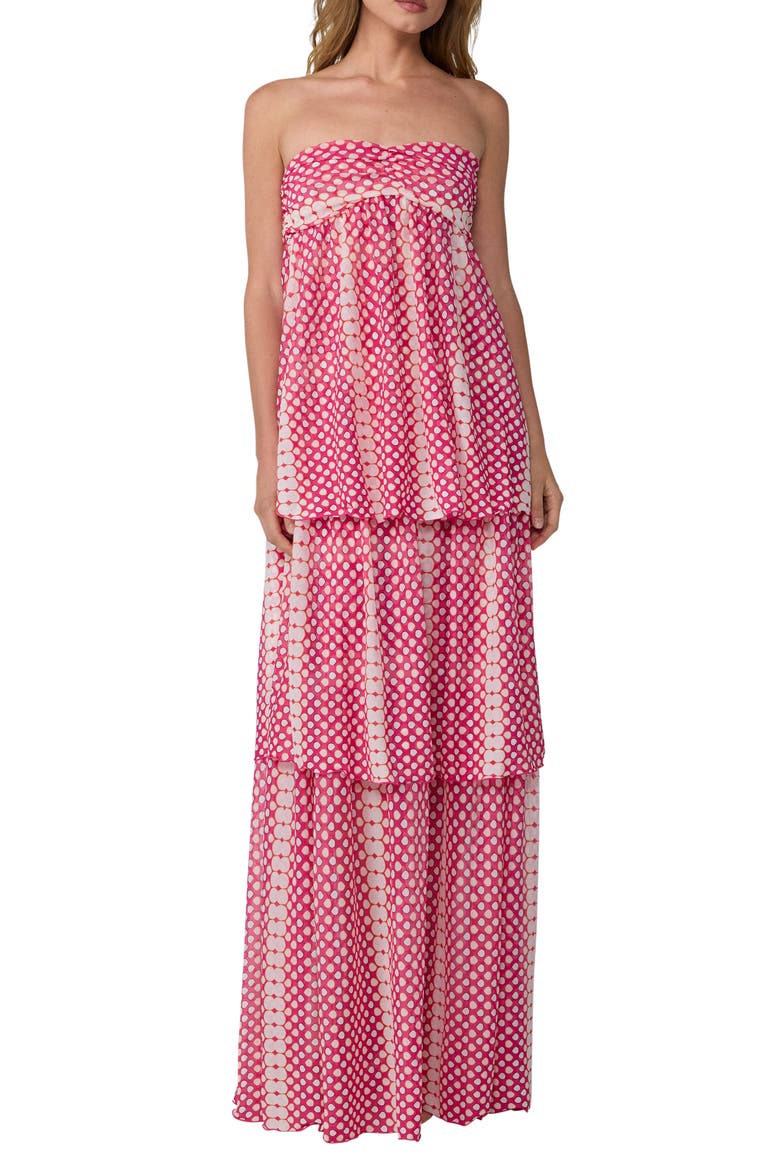 Joanne Dotted Strapless Tiered Maxi Dress, Main, color, RAIN DROP MINI PEONY