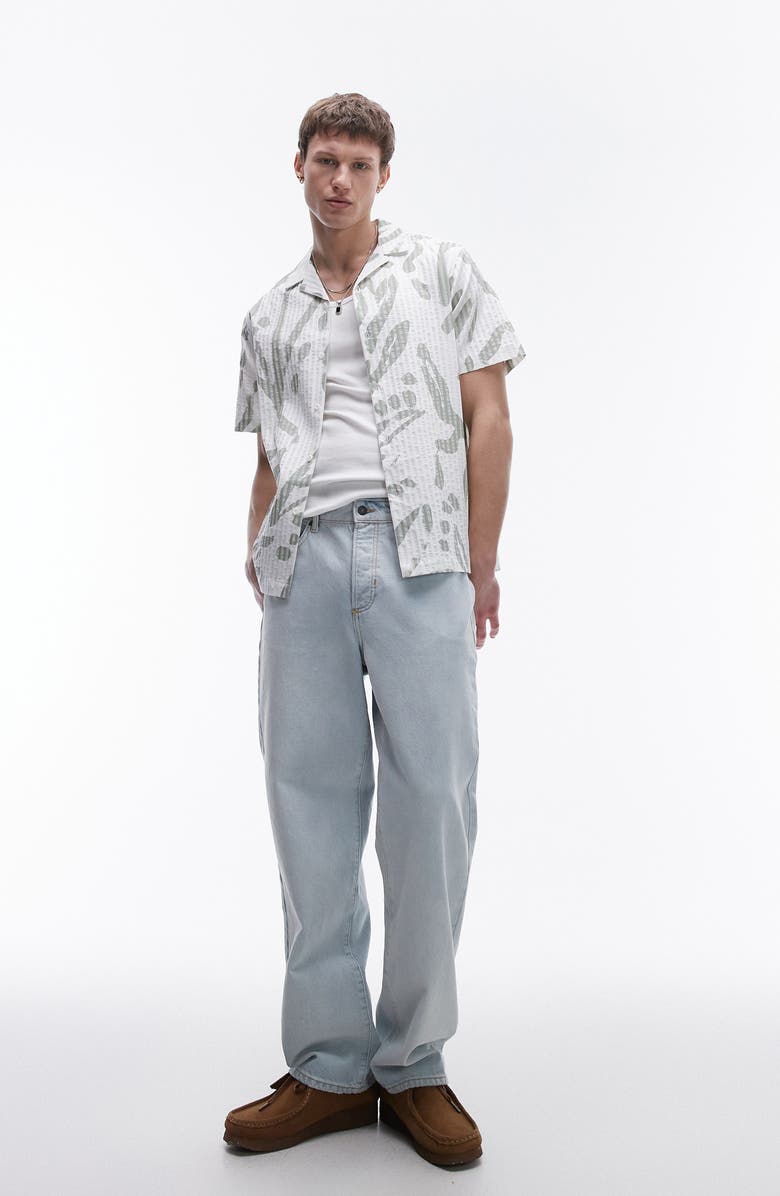 Topman Abstract Print Stripe Seersucker Camp Shirt, Alternate, color, Light Green