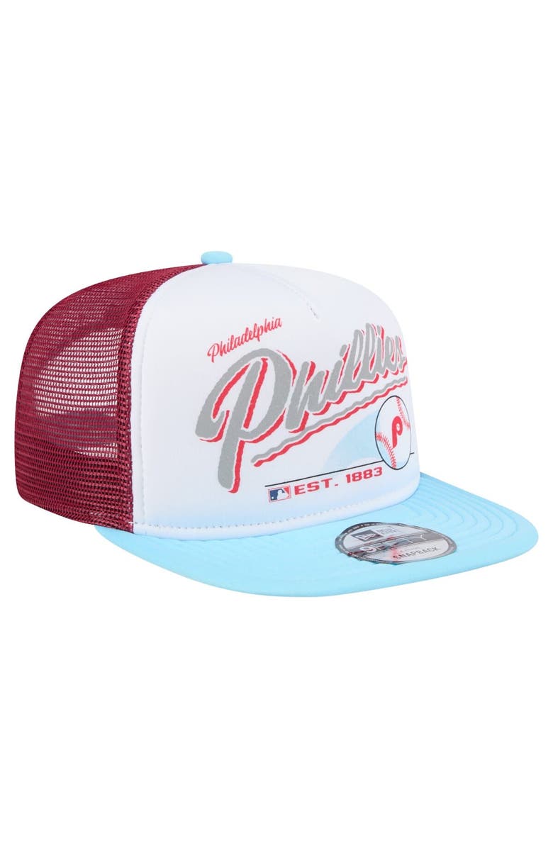 New Era Men's New Era White/Light Blue Philadelphia Phillies Retro Script Trucker 9FIFTY Snapback Hat, Alternate, color,