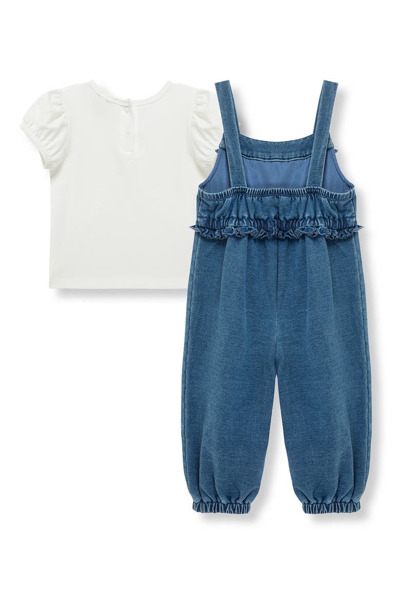 Puff Sleeve T-Shirt & Ruffle Knit Overalls Set, Alternate, color, INDIGO