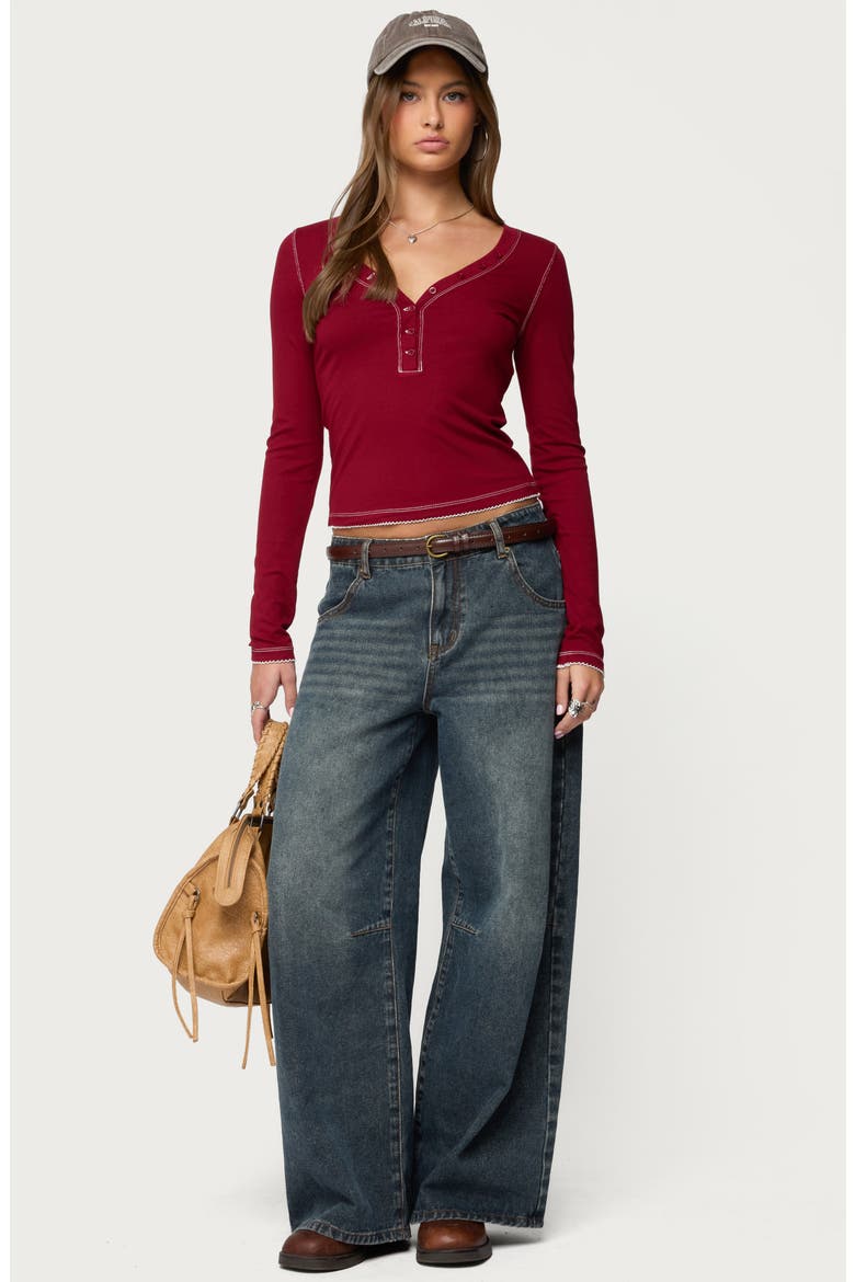 Yael Contrast Stitch Henley, Alternate, color, BURGUNDY