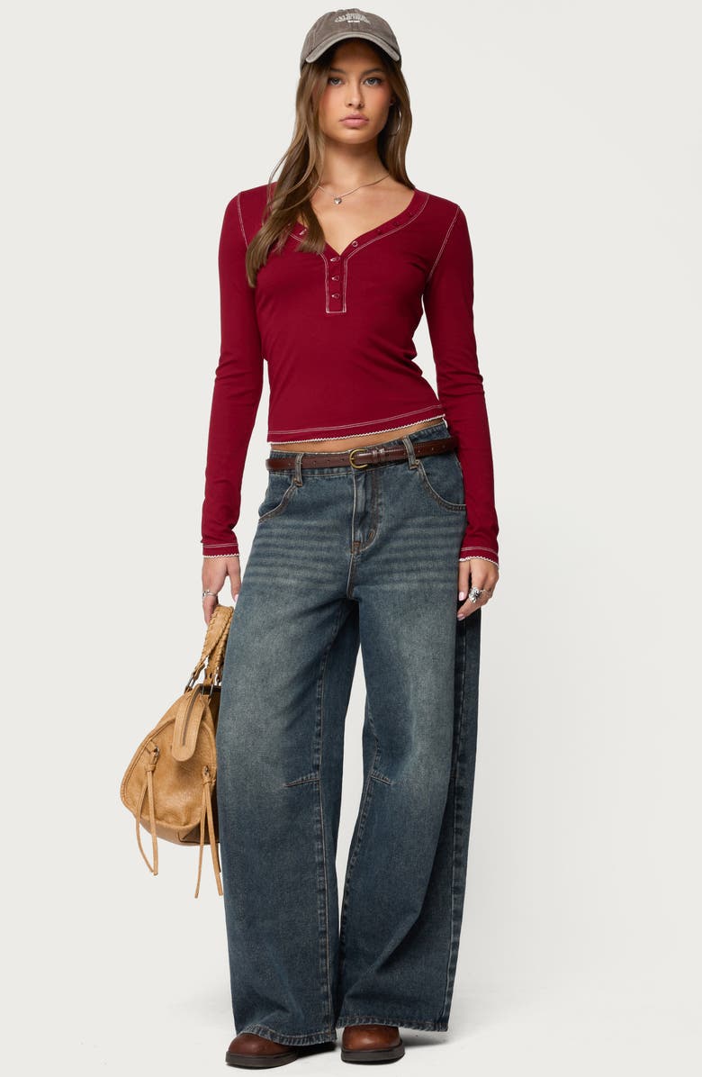 EDIKTED Yael Contrast Stitch Henley, Alternate, color, Burgundy