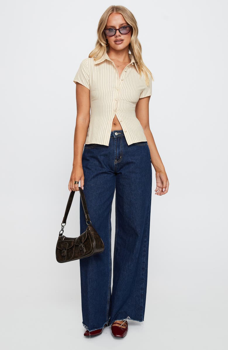 Princess Polly Lift Off Pinstripe Button-Up Shirt, Alternate, color, Cream / Navy Stripe