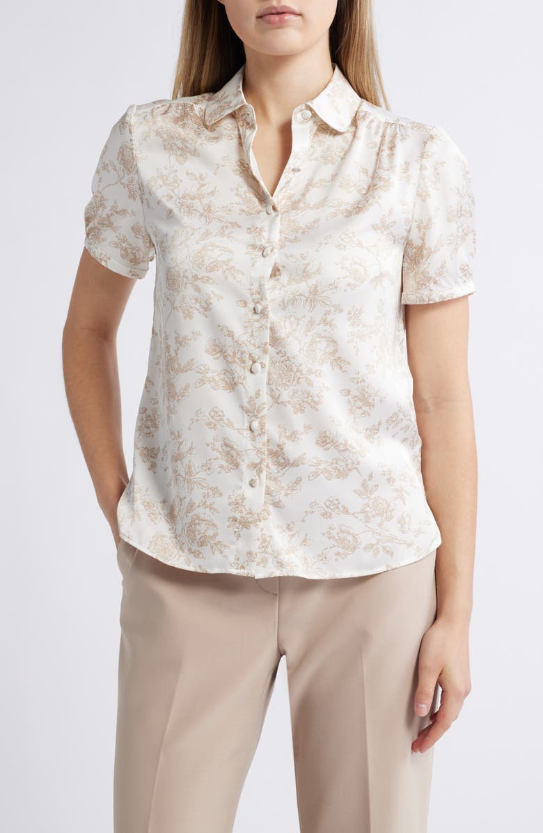 Anne Klein Floral Short Sleeve Button-Up Shirt, Main, color, 