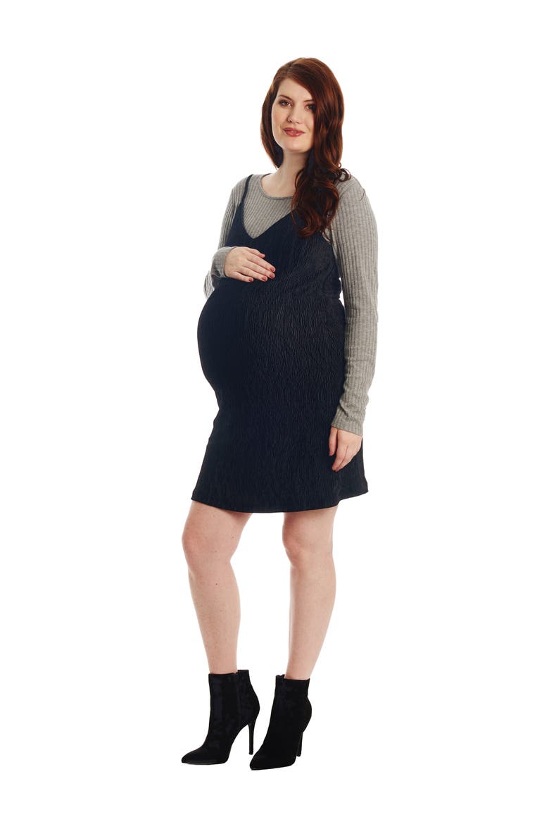 Aurora Plissé Maternity/Nursing Dress, Alternate, color, BLACK
