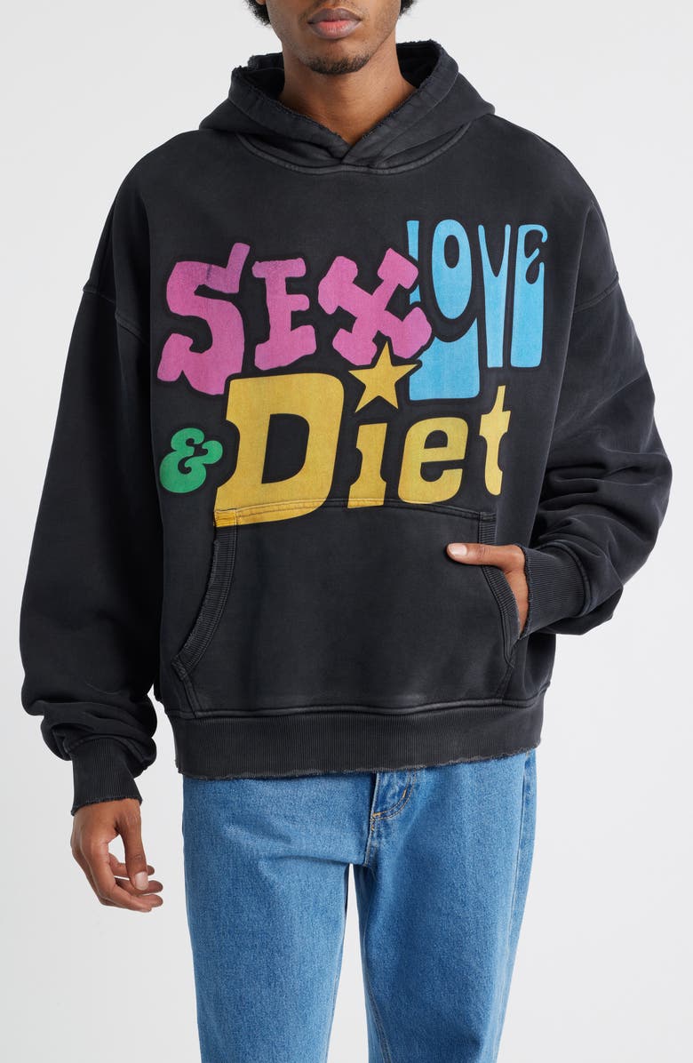 DIET STARTS MONDAY Sex, Love & Diet Oversize Distressed Cotton Hoodie, Main, color, Vintage Black